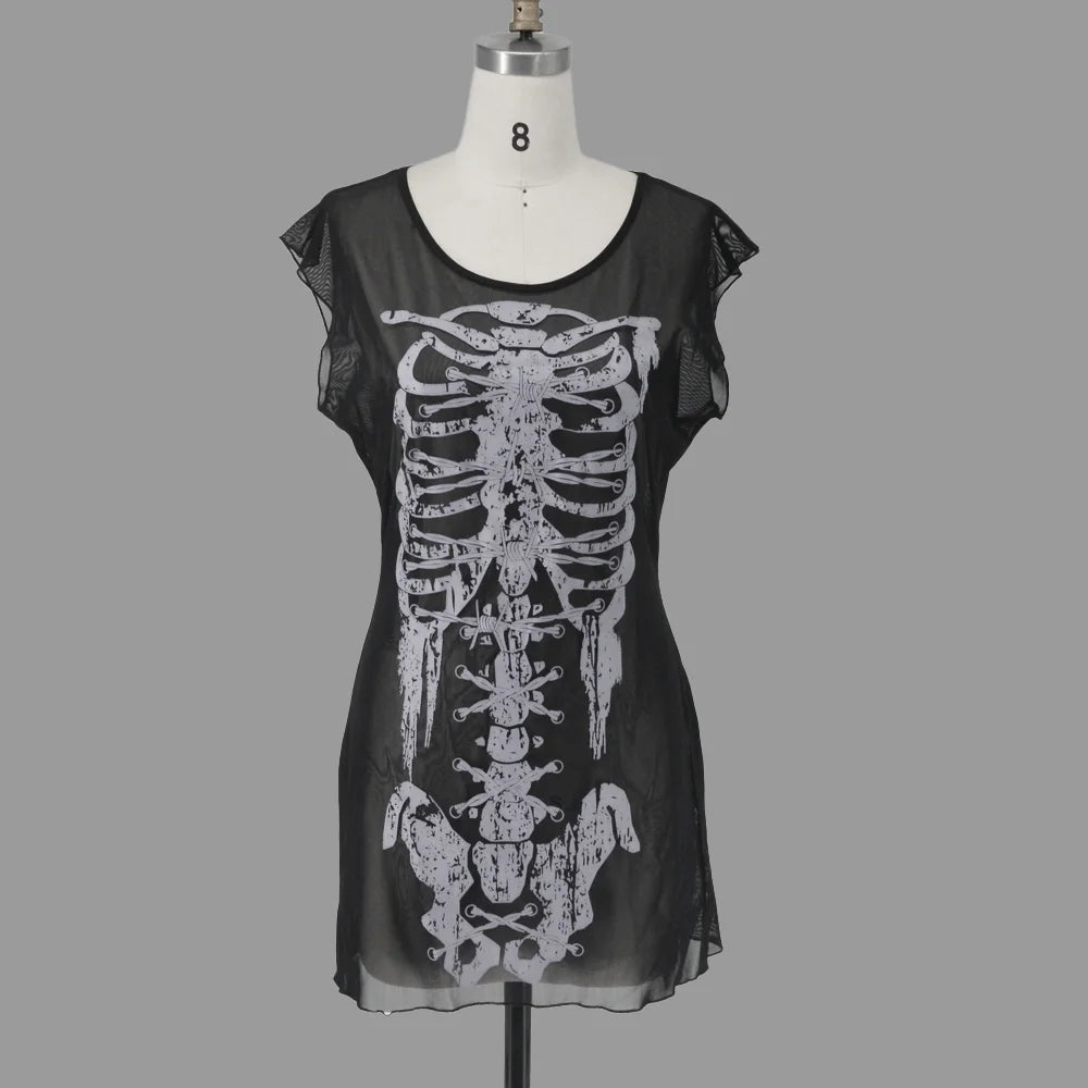 Gothic Y2k Skeleton Mesh Summer Mini Dress