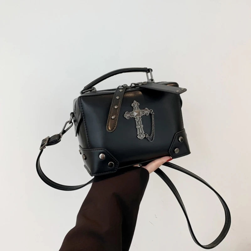 Gothic Punk Alt Goth Cross Skull Chain PU Leather Boxy Handbag Crossbody Bag with Top Handle