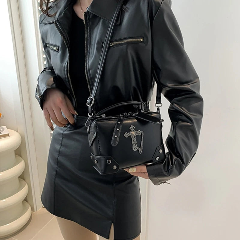 Gothic Punk Alt Goth Cross Skull Chain PU Leather Boxy Handbag Crossbody Bag with Top Handle