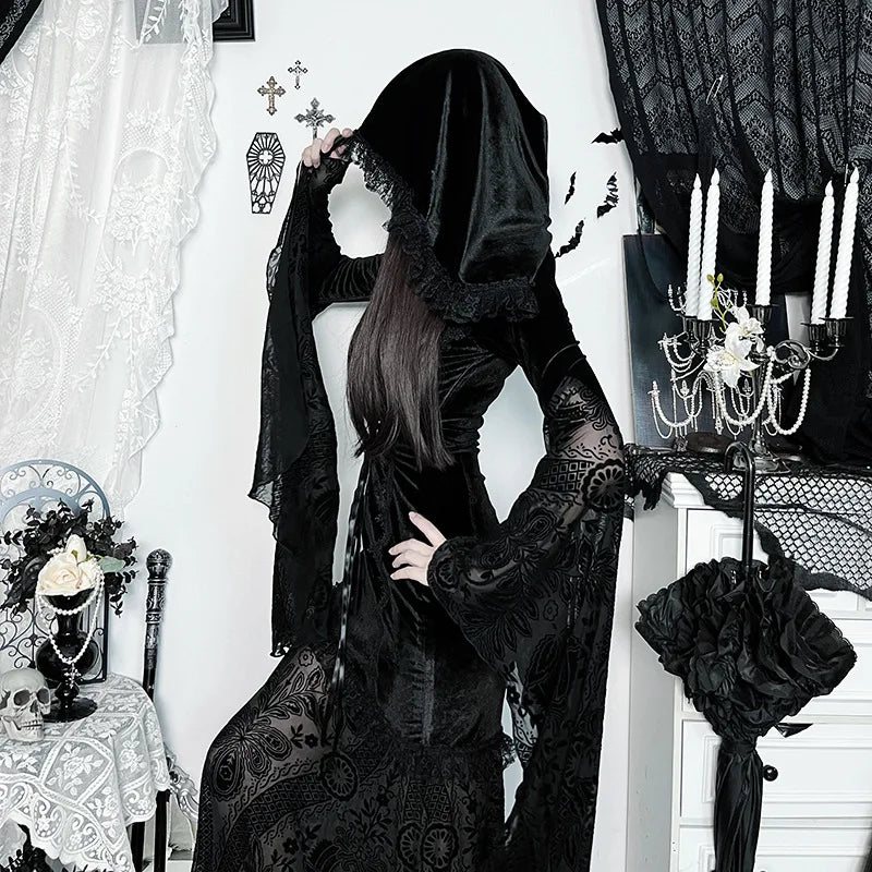 Gothic Romantic Goth Flocking Lace Batwing Sleeve Hooded Long Dress