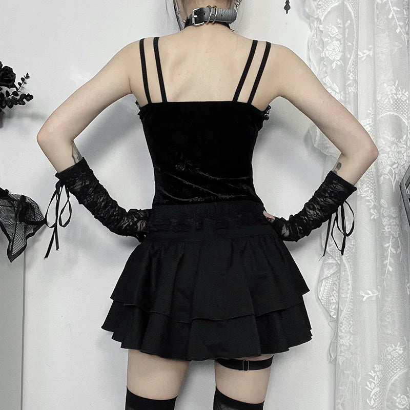 Gothic Alt Cross Patchwork Lace Up Pleated Mini Skirt