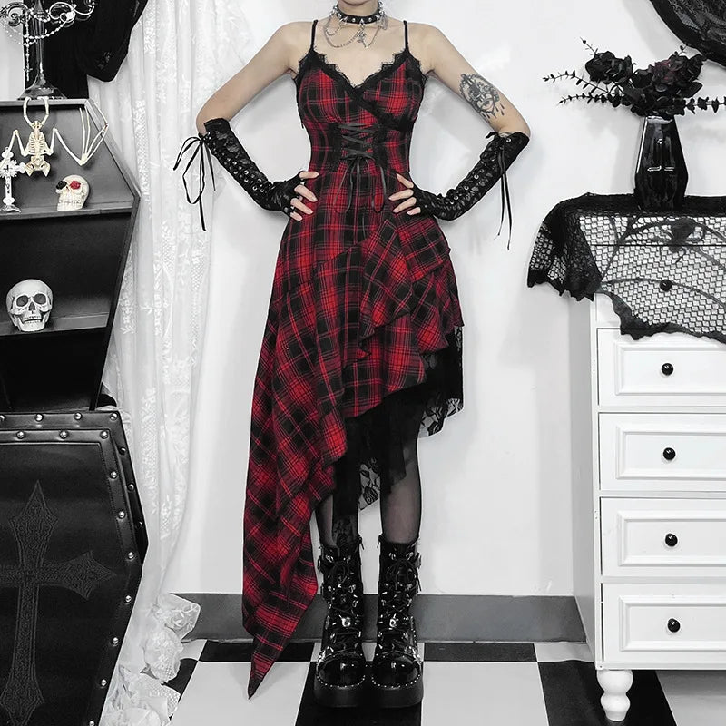 Gothic 90s Goth Red Plaid Lace Patchwork Irregular Hem Dress ROCK N DOLL
