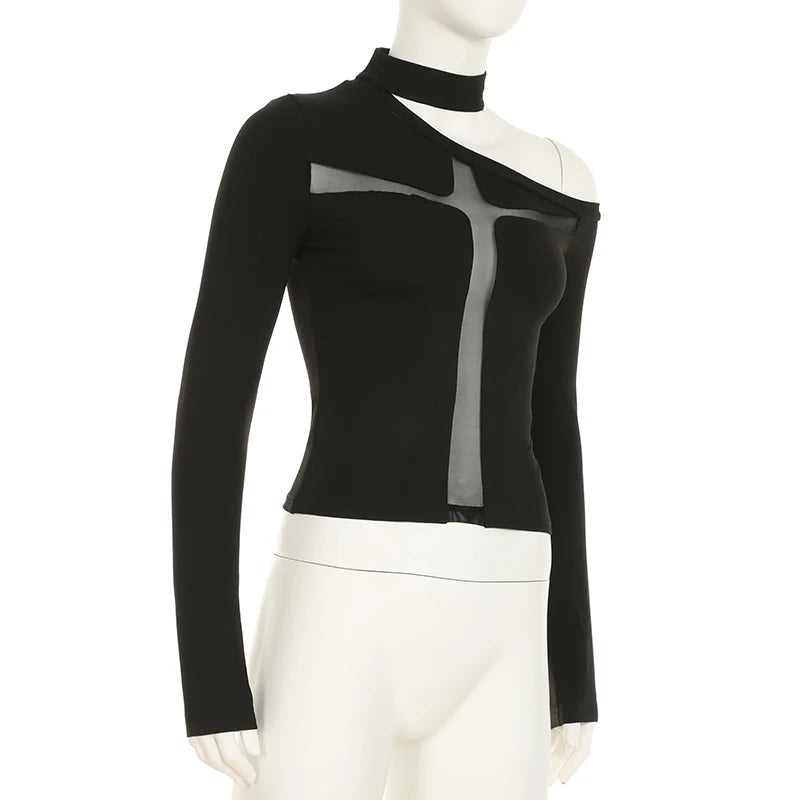 Gothic Alt Goth Cross Sheer Hollow Out Mesh Long Sleeve Top