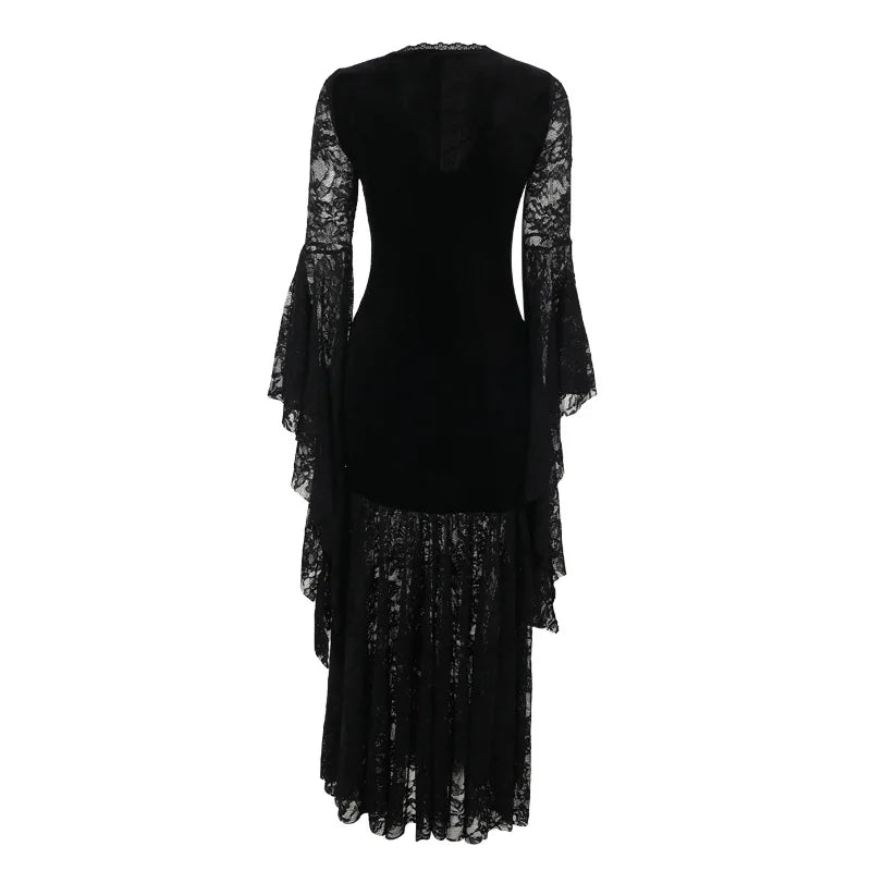 Gothic Vampire Lace Bell Sleeves Deep Neckline Long Dress