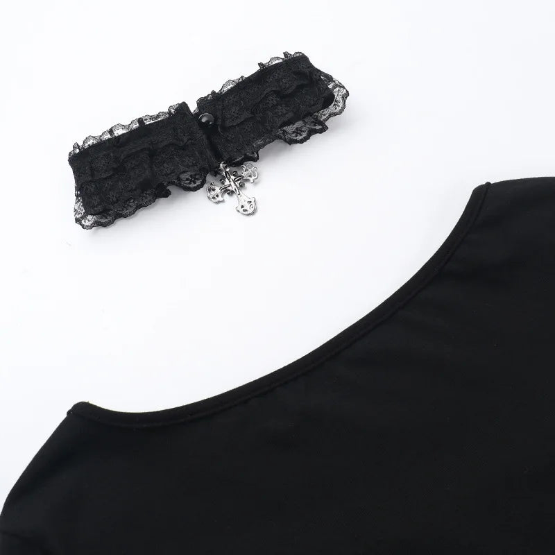 Gothic Romantic Goth Lace Ruffles Patchwork Square Collar Long Sleeve Top