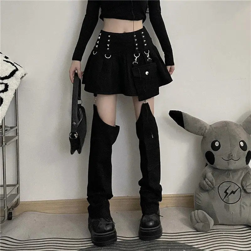 Gothic Punk Rivets Pleated Mini Skirt with Hollow Out Trouser Leg Warmer