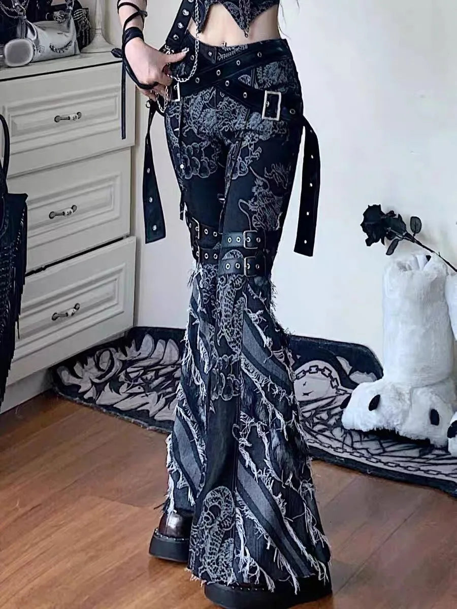 Gothic Y2K Harajuku Goblin Low Rise Distressed Flare Pants