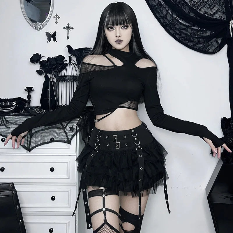 Gothic Ruffles Mesh Splice Buckles Mini Skirt