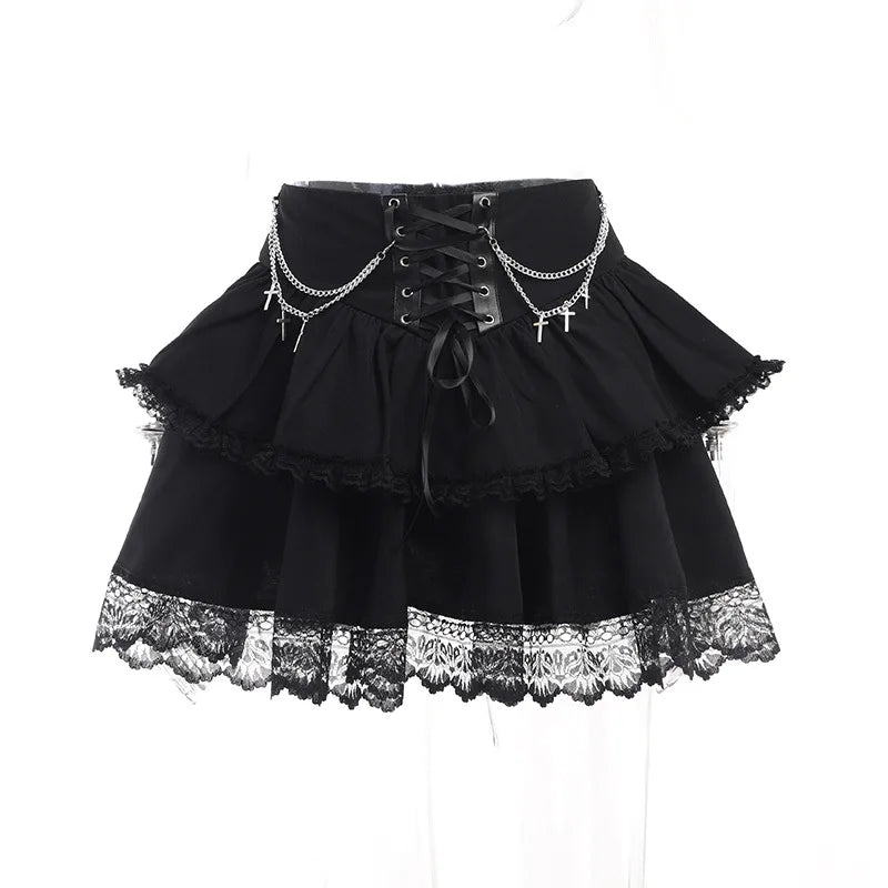 Gothic Romantic Chain Cross Lace Up Waist Cake Mini Skirt