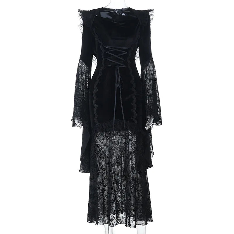 Gothic Romantic Goth Flocking Lace Batwing Sleeve Hooded Long Dress