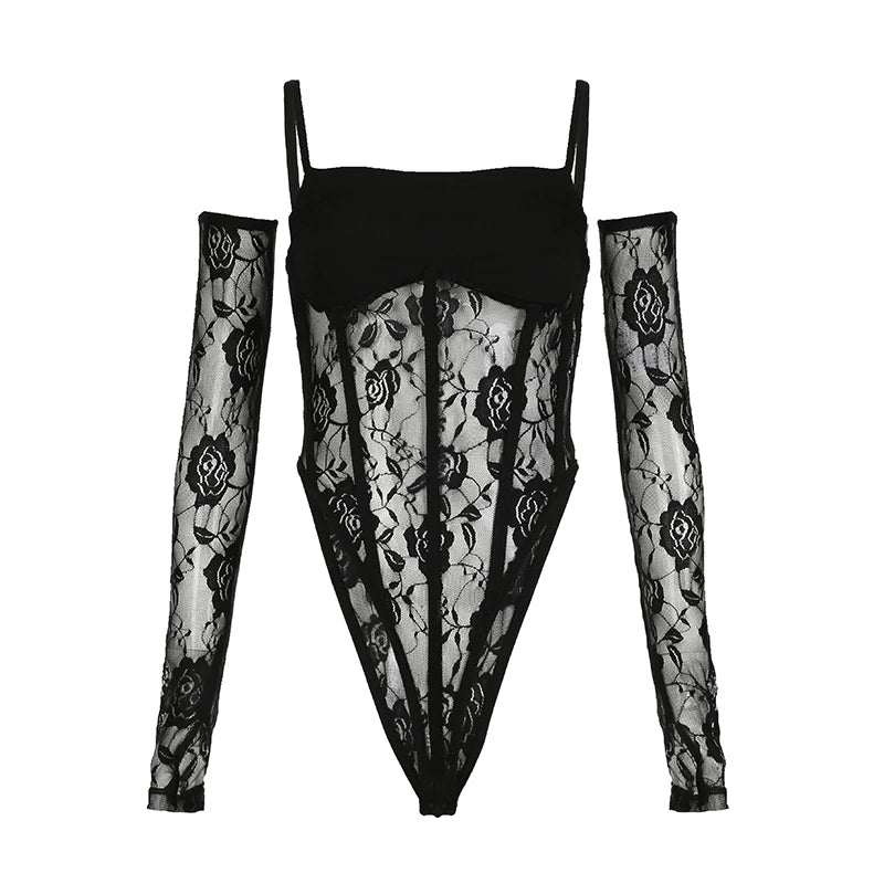 Gothic Romantic Lace Bodysuit Top with Lace Fingerless Gloves