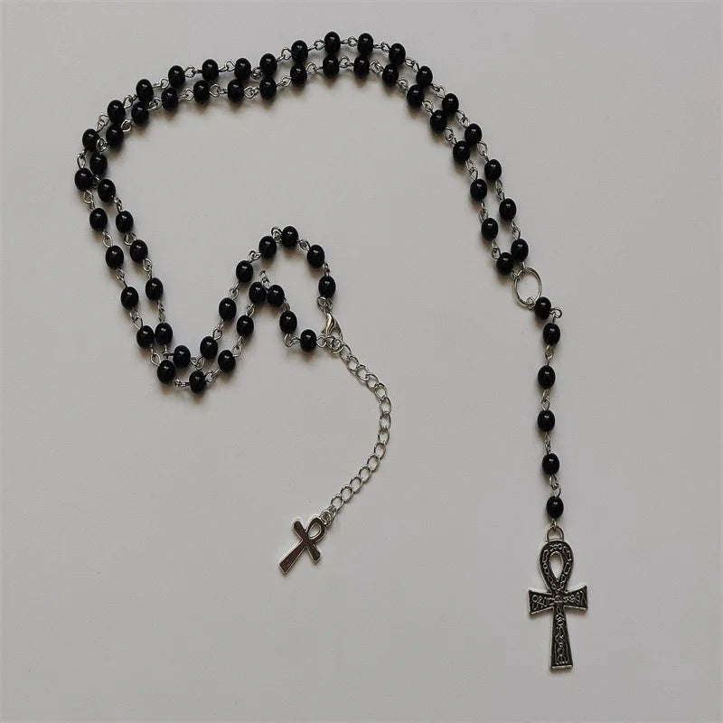 Gothic Egyptian Ankh Cross Pendant Rosary Necklace