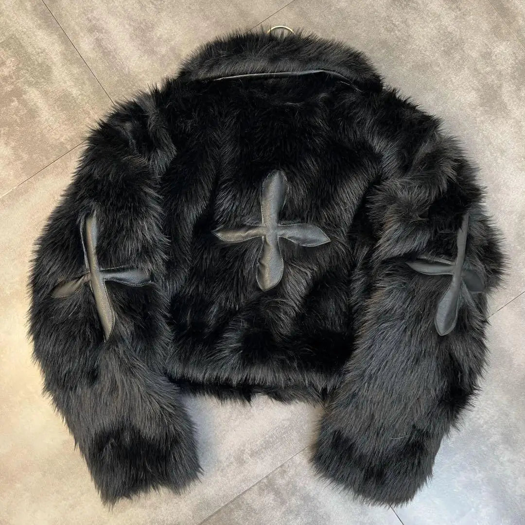 Gothic Alt Goth Y2K Cross Patch Faux Fur Jacket Coat (available in Gothic Alt Goth Y2K Cross Patch Faux Fur Jacket Coat (available in