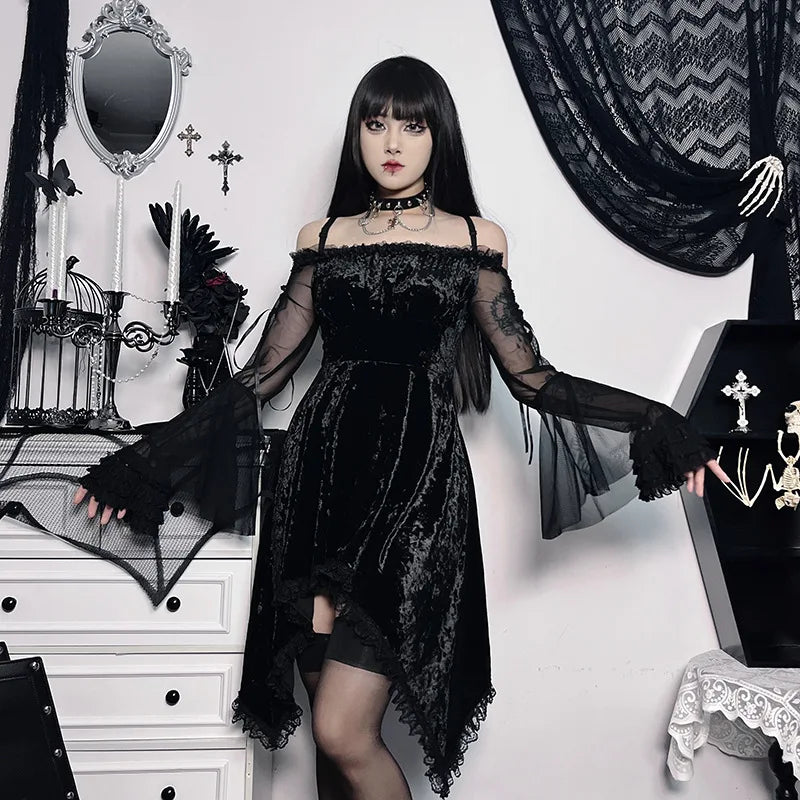 Gothic Romantic Goth Off Shoulder Sheer Flare Sleeves Velvet Mini Dress