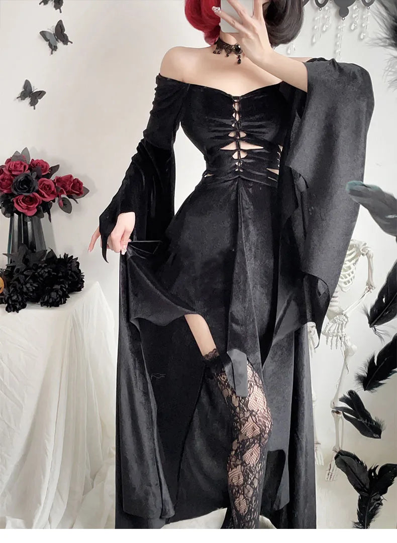 Gothic Romantic Off Shoulder Hollow Out Irregular Hem Long Dress
