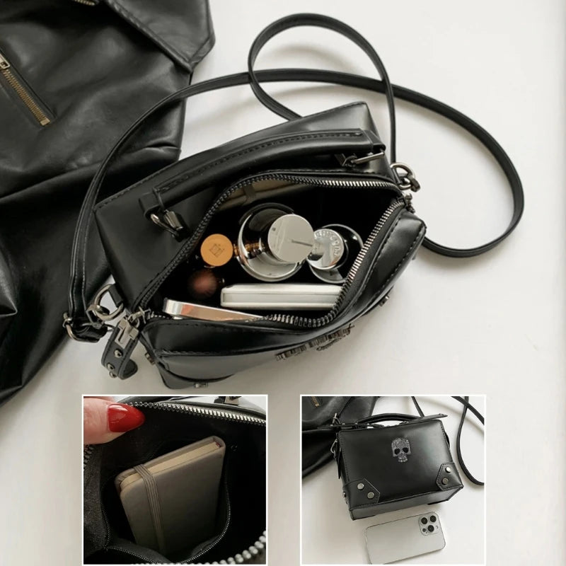 Gothic Punk Alt Goth Cross Skull Chain PU Leather Boxy Handbag Crossbody Bag with Top Handle