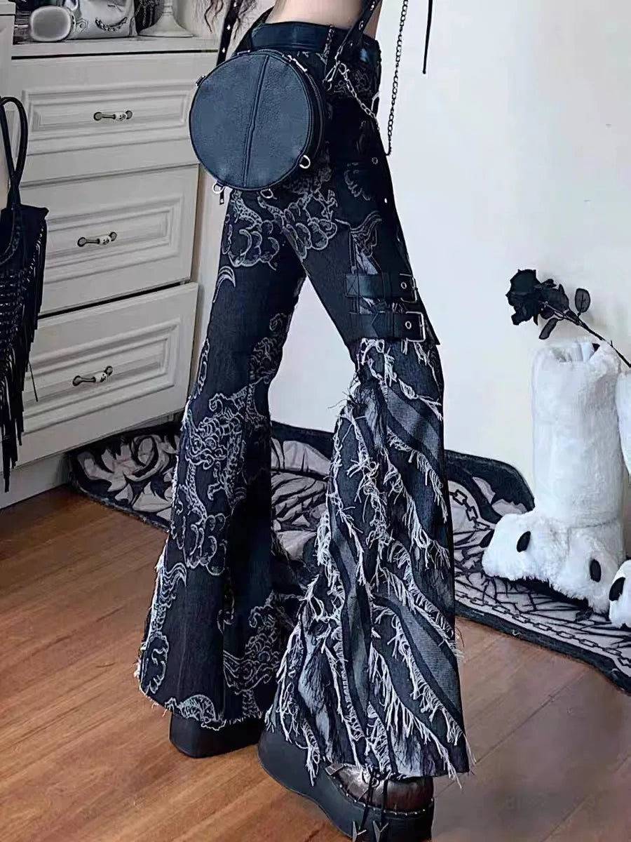 Gothic Y2K Harajuku Goblin Low Rise Distressed Flare Pants