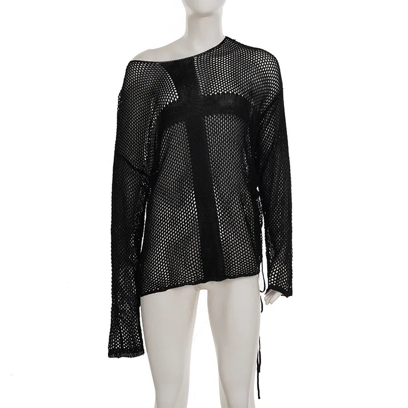 Gothic Y2K Alt Goth Punk Fishnet Mesh Cross Patchwork Long Sleeve Cover Up Top