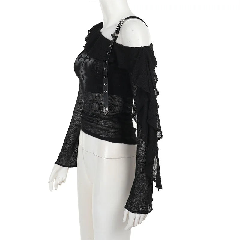 Gothic Y2K Alt Goth Cross Print Off Shoulder Leather Buckle Long Sleeve Top