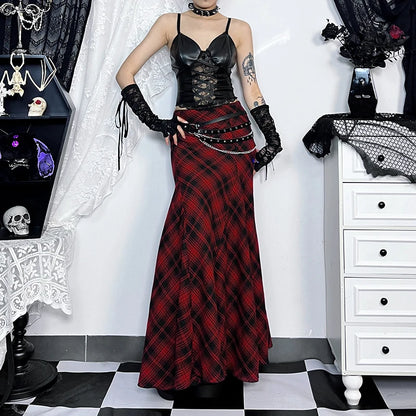 Gothic Grunge Y2K Red Plaid Fishtail Long Skirt