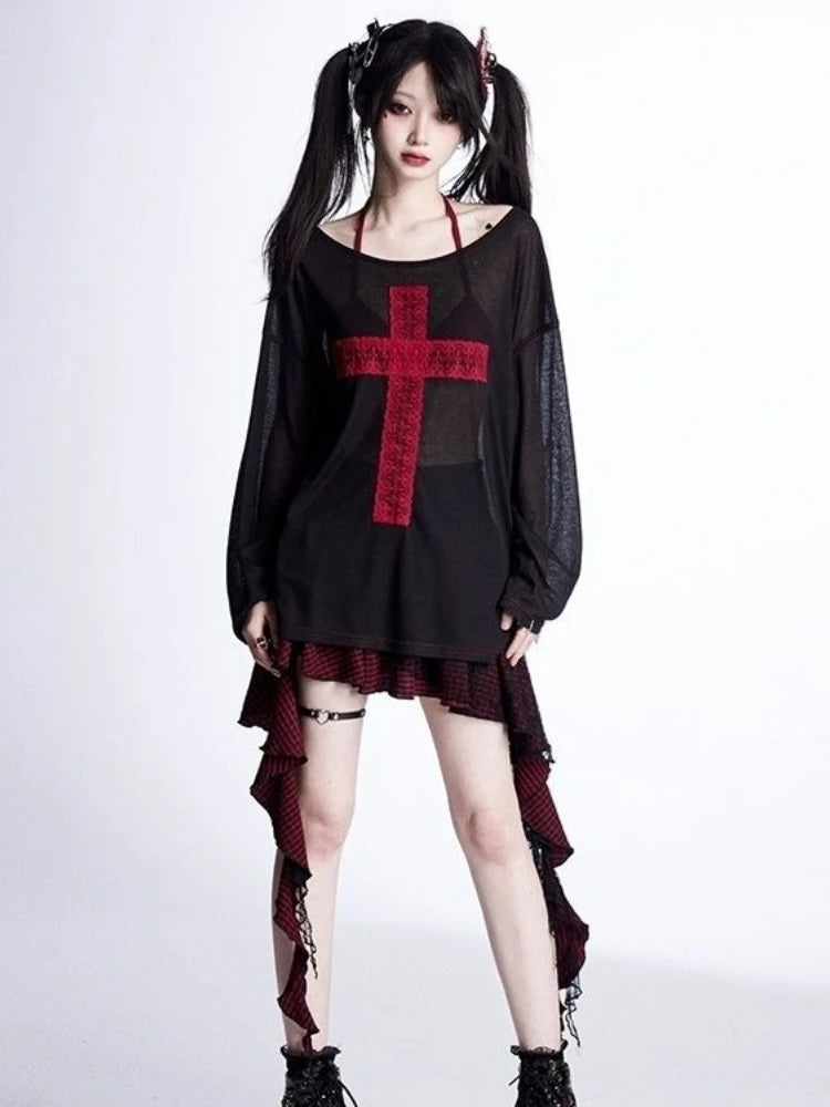 Gothic Y2K Alt Goth Cross Patchwork See Through Long Sleeve Top