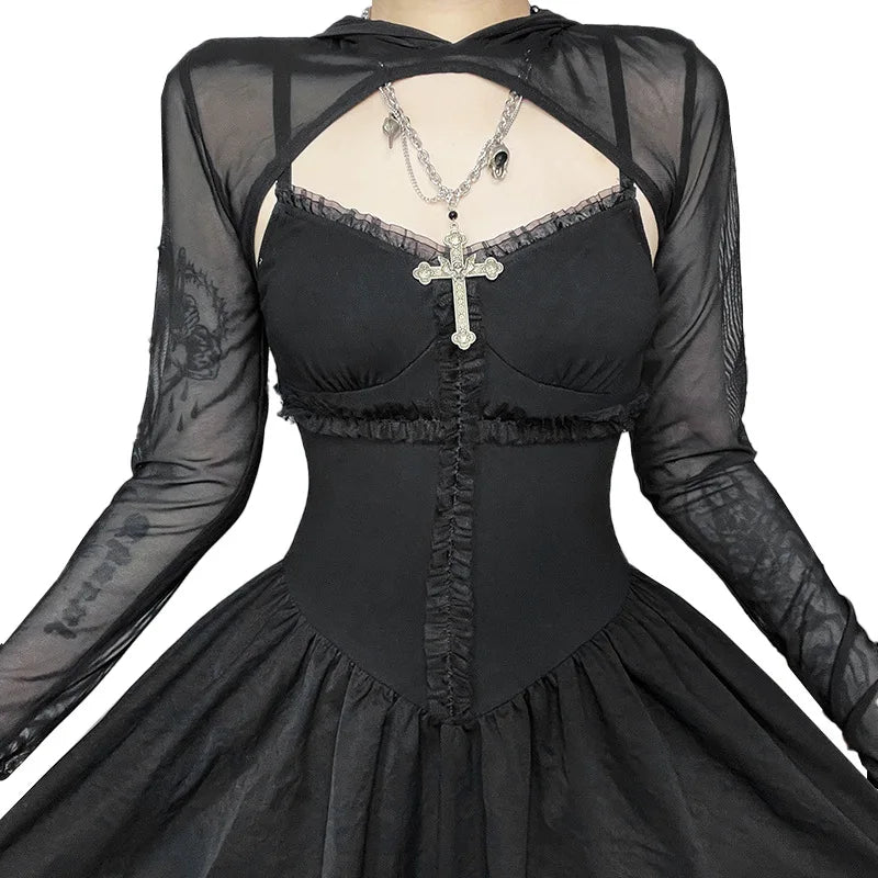 Gothic Alt Goth Sheer Hooded Shrug Spaghetti Strap Waist Cinch Style Long Dress