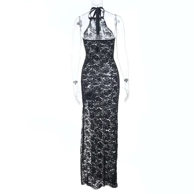 Gothic Alt Goth Halter Lace See Through High Slit Bodycon Long Dress