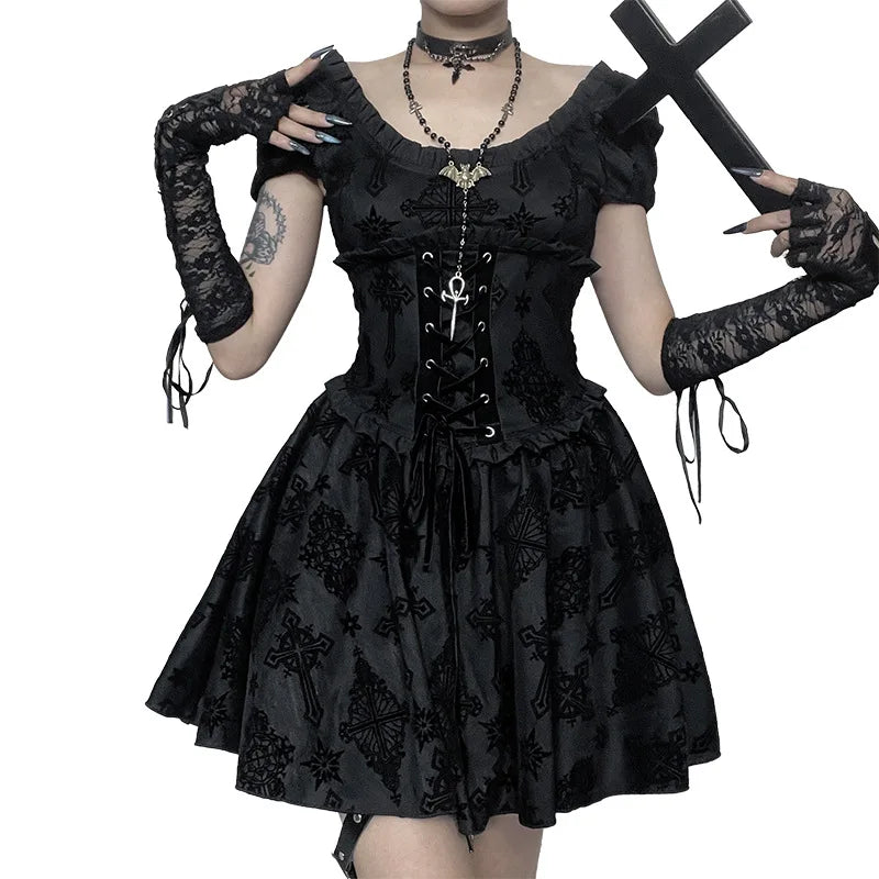 Gothic Romantic Goth Crosses Sheer Lace Up Corset Waist Mini Dress