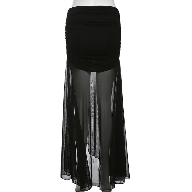 Gothic Alt Goth High Waist Mesh Patchwrok High Slit Long Skirt