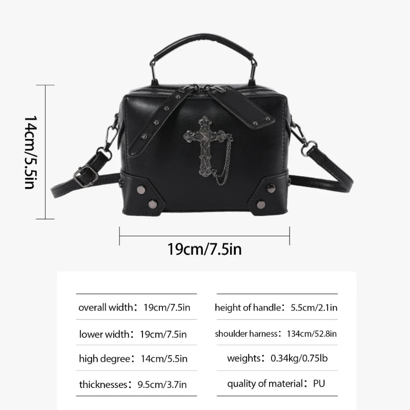 Gothic Punk Alt Goth Cross Skull Chain PU Leather Boxy Handbag Crossbody Bag with Top Handle
