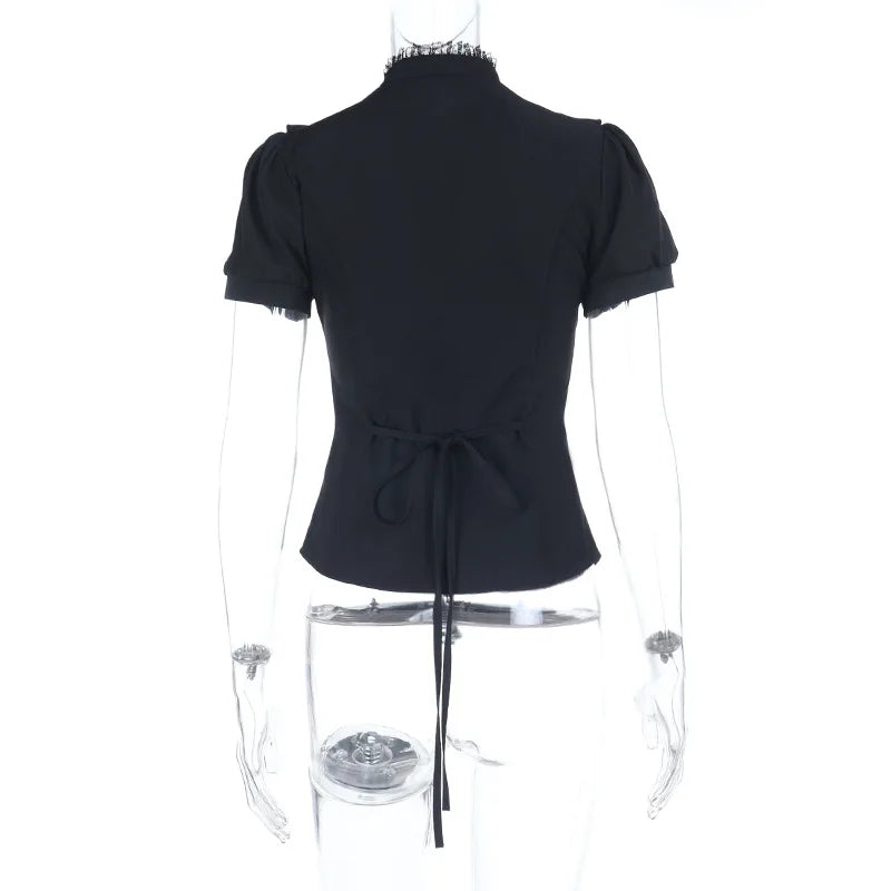 Gothic Victorian Goth Lace Patchwork Hollow Out Short Sleeve Blouse Top
