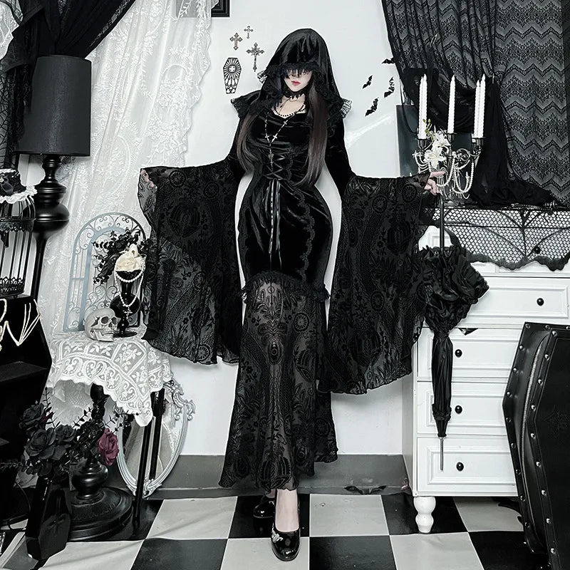 Gothic Romantic Goth Flocking Lace Batwing Sleeve Hooded Long Dress