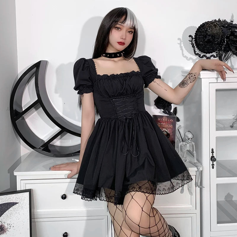 Gothic Vintage Corset Waist Lace Trim Mini Dress (available in 2 colors)