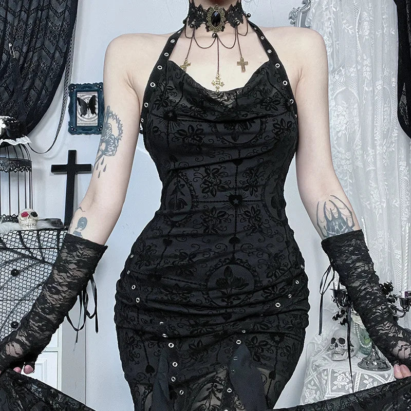 Gothic Romantic Goth Vintage Mesh Patchwork Halter Trumpet Dress