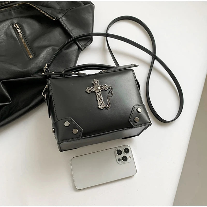 Gothic Punk Alt Goth Cross Skull Chain PU Leather Boxy Handbag Crossbody Bag with Top Handle