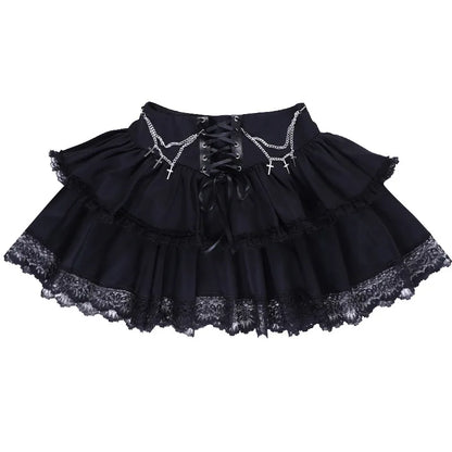 Gothic Romantic Chain Cross Lace Up Waist Cake Mini Skirt