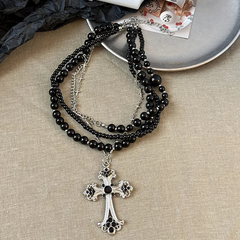 Gothic Alt Goth Cross Pendant Layered Beaded Necklace
