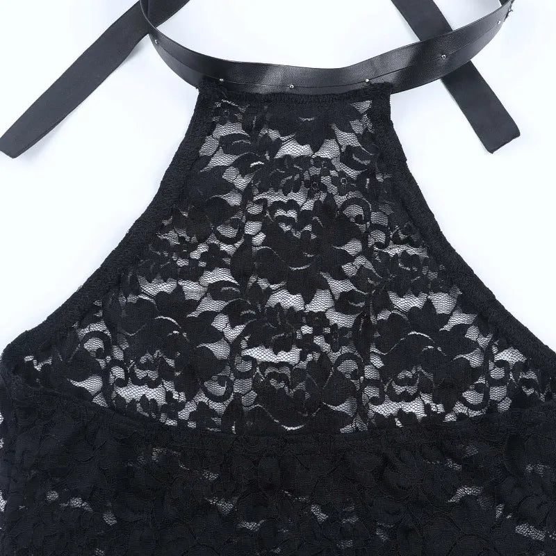 Gothic Alt Goth Halter Lace See Through High Slit Bodycon Long Dress