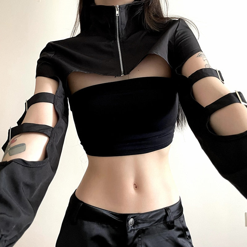Gothic Cyberpunk  Hollow Out Buckle Sleeves Turtleneck Bolero Top