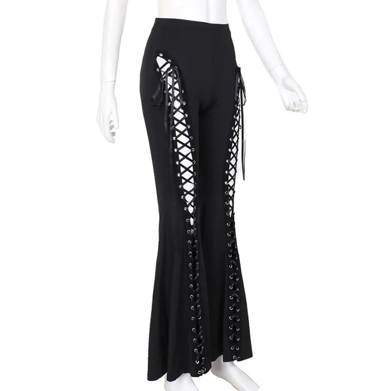 Gothic 90's Goth Y2K  Hollow Out Lace Up Flare Pants