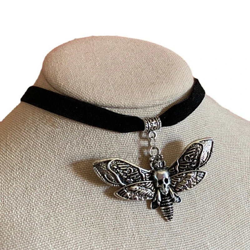 Gothic Skull Moth Charm Choker Necklace