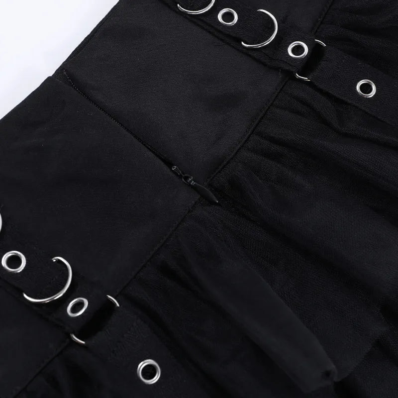 Gothic Ruffles Mesh Splice Buckles Mini Skirt