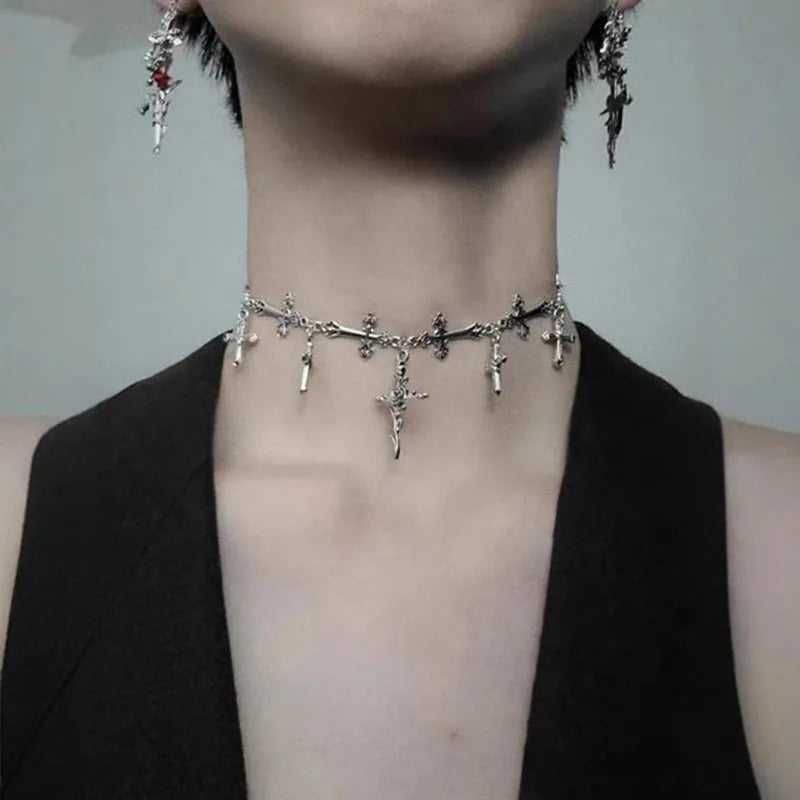 Gothic Alt Goth Chain Cross Choker Necklace