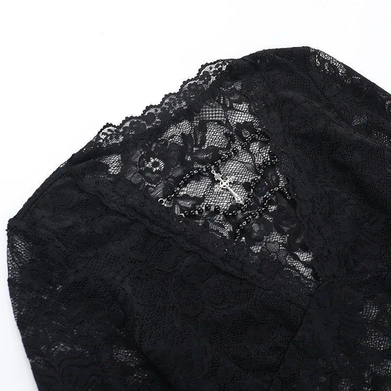 Gothic Vampire V-Neck Chain Beads Lace Bell Sleeves Top