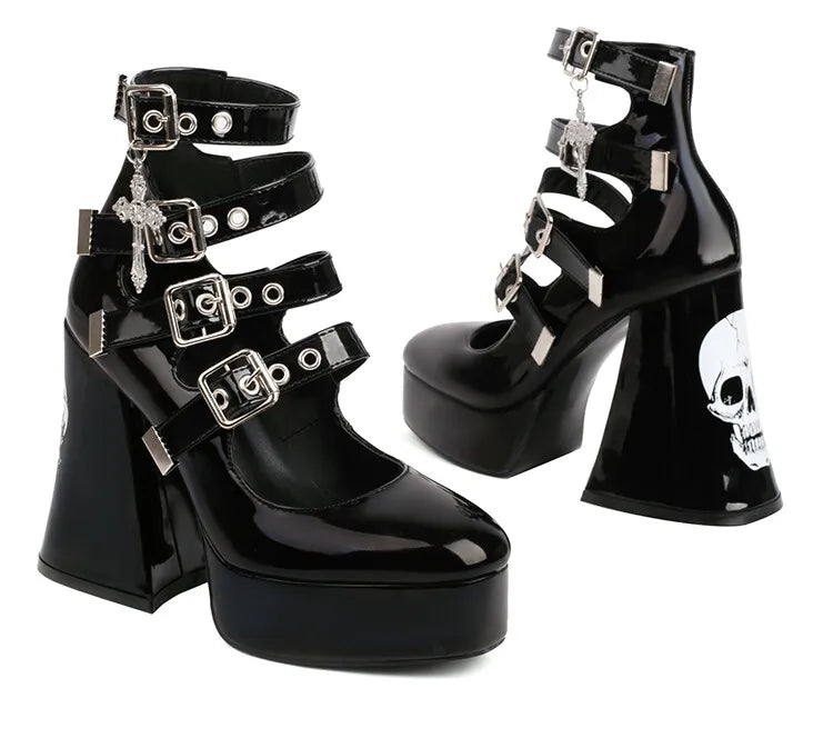 Gothic Multiple Straps SKull Heels Platform Pumps Shoes