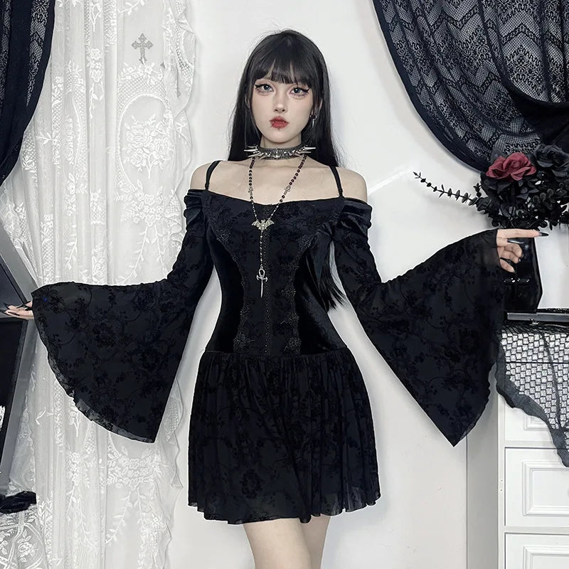 Gothic Vampire Goth Off Shoulder Velvet Sheer Flare Sleeves Mini Dress