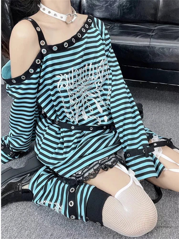 Gothic Punk Irregular One Shouler Striped Butterfly Print Shirt Top