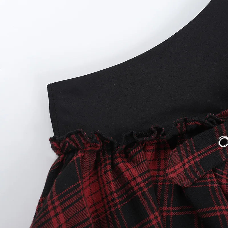 Gothic Grunge Alt Goth Harajuku Black Red Plaid Irregular Hem Mini Skirt