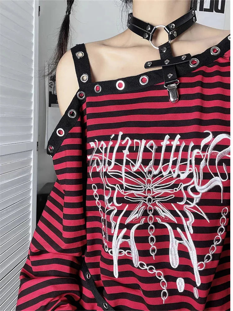 Gothic Punk Irregular One Shouler Striped Butterfly Print Shirt Top