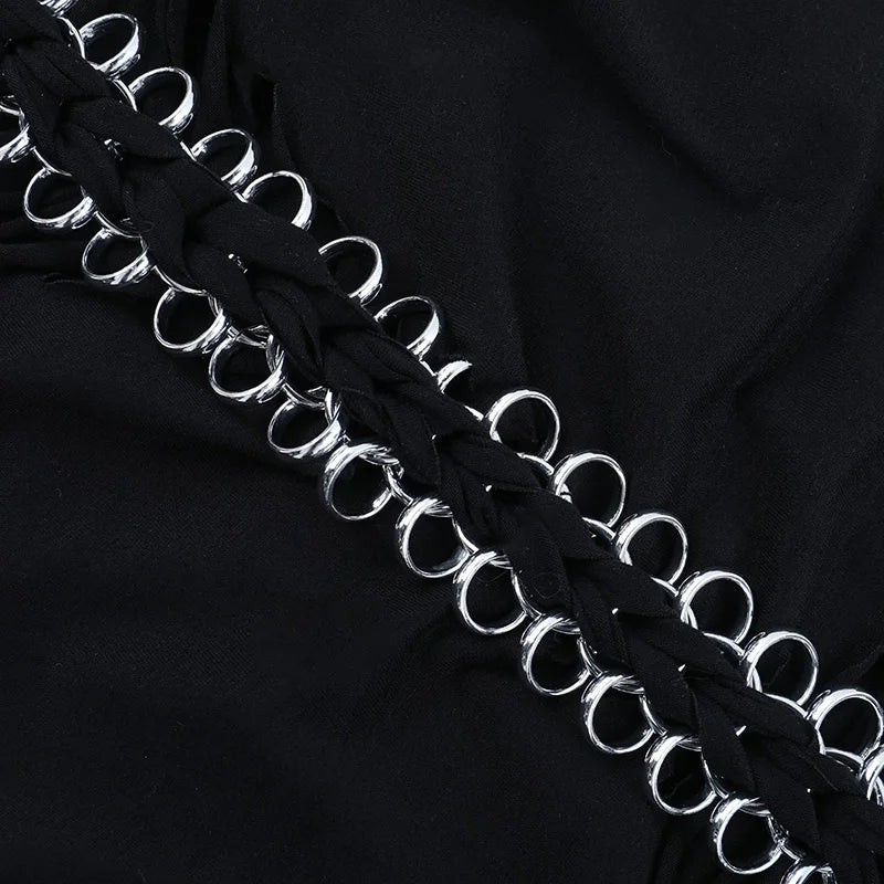 Gothic Alt Punk Goth Hollow Out Bone Chain Short Sleeve Top